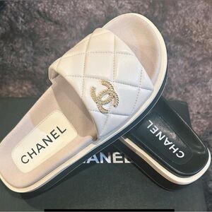 Chanel Beige Quilted Slide Sandals